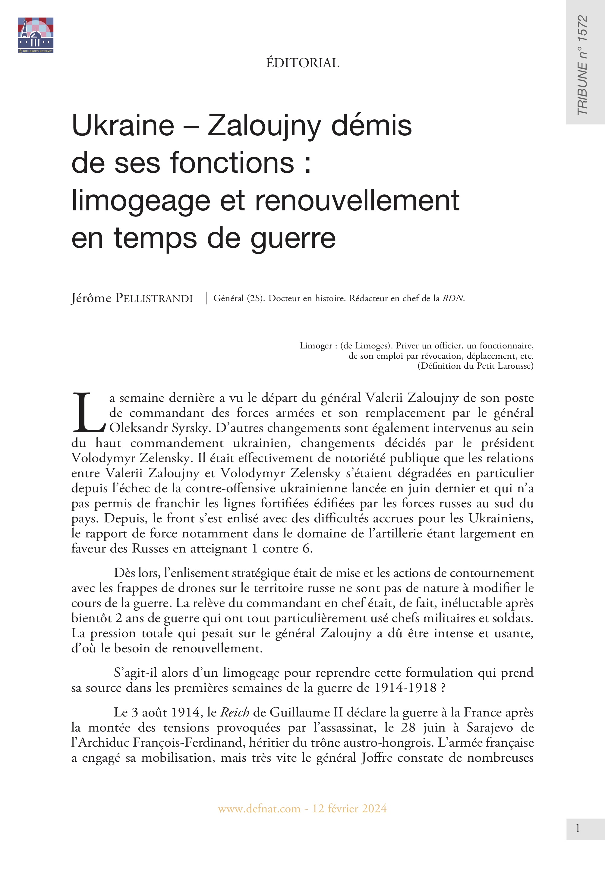 Éditorial – Ukraine – Zaloujny démis de ses fonctions : limogeage et renouvellement en temps de guerre (T 1572)
